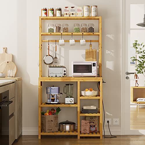 FORABAMB 31.5''W Bamboo Bakers Rack with Power Outlets, 8-Tier Kitchen Storage Shelf