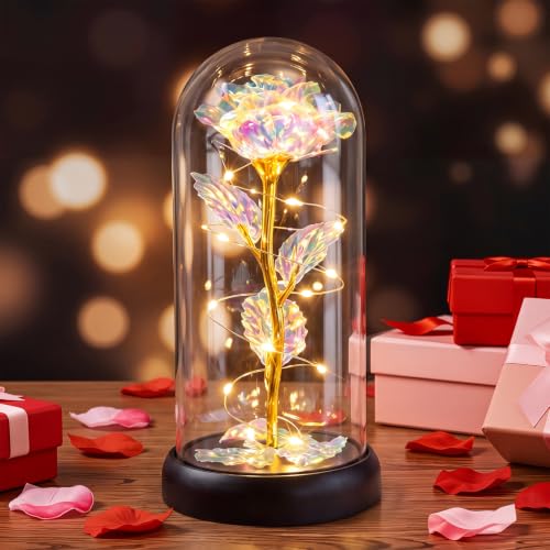 Otlonpe Colorful Preserved Glass Rose Flower Gift for Women, 7.1 Inch