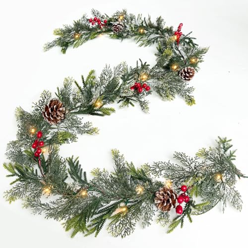 TURNMEON 6FT Flocked Cedar Garland with Lights Timer Prelit Christmas Decor