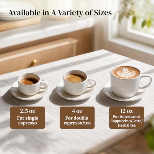 DOWAN White 2.5 oz Stackable Espresso Cups & Saucers Set of 4