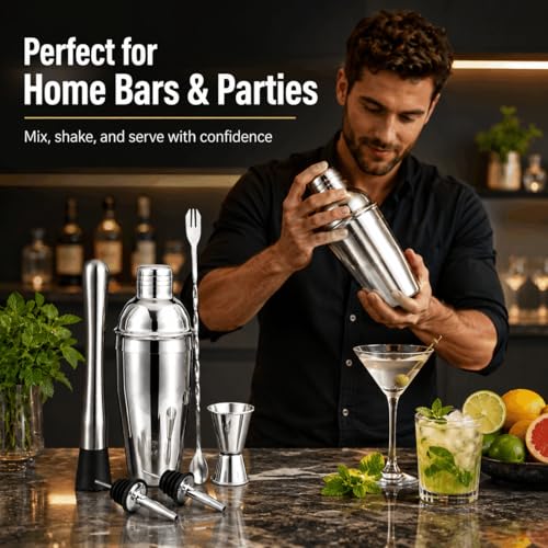 Semderm 6-Piece Stainless Steel Cocktail Shaker Set with Muddler, Jigger & Pourers
