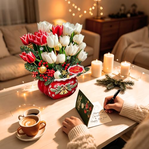 Rayilyn Christmas Tulips Pop Up Card with Lights & Music - 10.5 Inch Holiday Bouquet with Pine, Bells, Ornaments