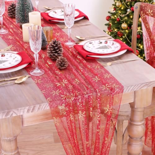 Christmas Table Runner Snowflake Gauze Glitter Foil 29x120in 3pc - Red Gold