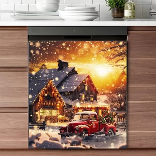 Christmas Red Truck Sunset Wallpaper Magnetic Kitchen Decor - 23W x 26H inches (Variation: Red Truck 4)