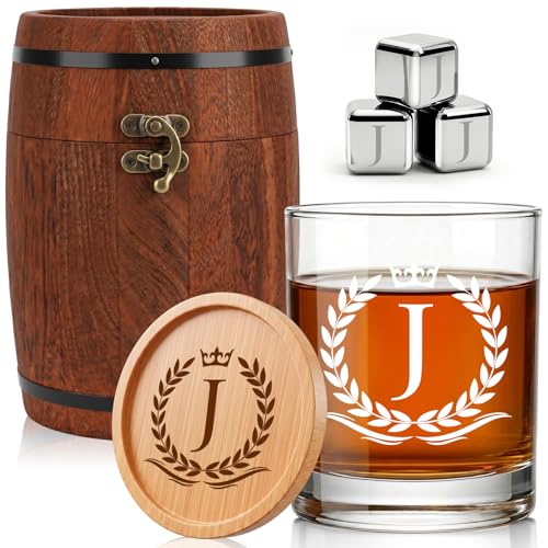 Personalized Whiskey Glass Gift Set with Custom Initial J - Vintage Wooden Barrel, Chilling Stones & Coaster