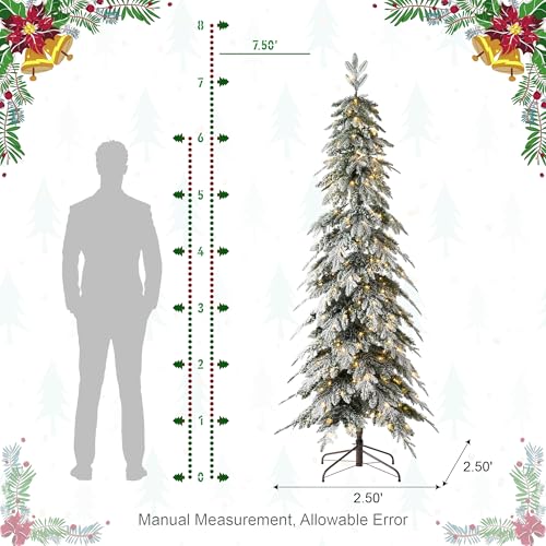Glitzhome 7.5ft Flocked Pencil Spruce Pre-Lit Christmas Tree with 350 Warm White Lights