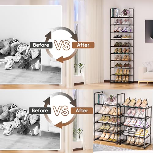 10-Tier Narrow Shoe Rack - Stackable Metal Storage Organizer for Entryway