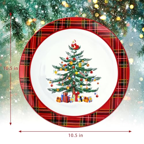 Homlouue Ceramic Christmas Tree Dinner Plates Set of 4, 10.5'' Christmas Tree & Santa Design, Red Plaid Edges
