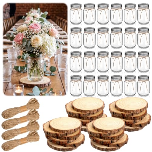 Honeydak 24-Piece Mason Jar Centerpieces Set – 24 Clear Jars, 24 Wood Coasters & 65.62 ft Jute Rope