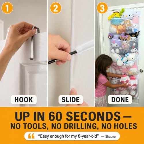 Stuffed Animal Storage Over Door Organizer with Mesh Pockets