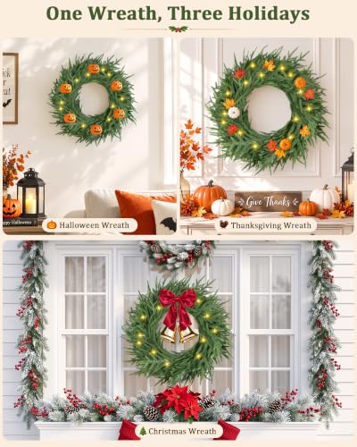 23" Norfolk Pine Wreath - Pre-Lit Front Door Decor, Hecaty 23inch