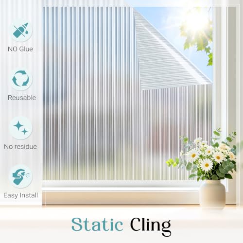 Reeded Glass Privacy Film - Frosted Static Cling Window Film, 17.5" x 78.7", UV Blocking for Home & Office