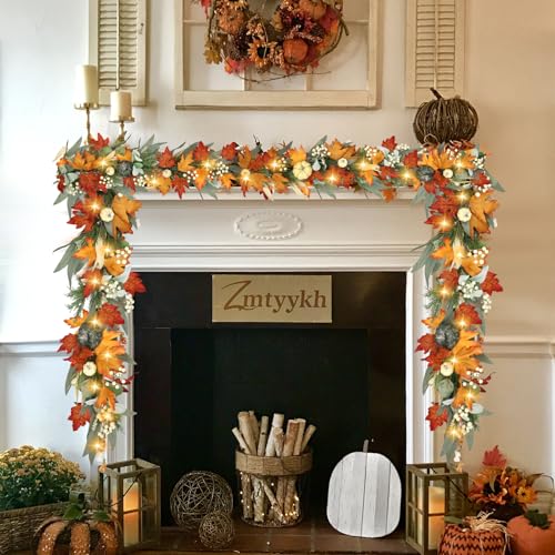 6FT Lighted Fall Maple Leaf Garland with Timer & Pumpkins for Mantel Decor