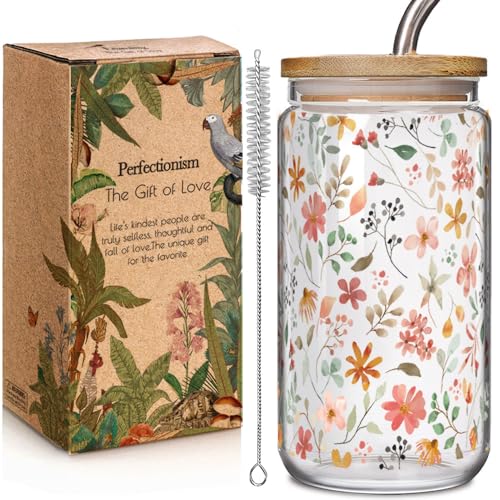 Enanaimg 16oz Floral Glass Coffee Cup with Bamboo Lid & Straw - Gift for Women
