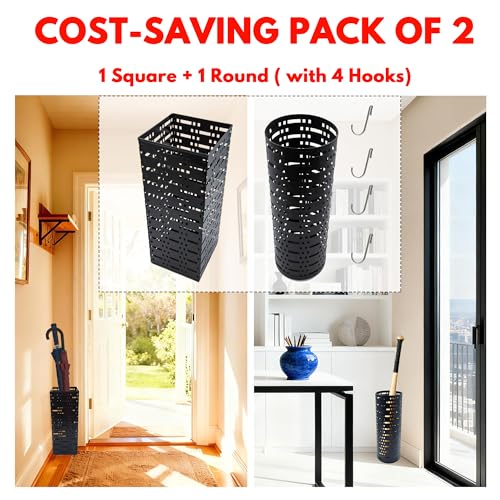 2-Pack Metal Umbrella Stand Set, Freestanding Entryway Organizer with Hooks