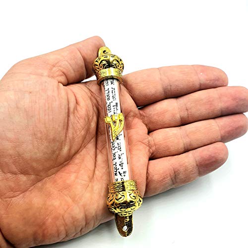 5-Inch Gold-Plated Mezuzah Case with Glass Window and Decorative Scroll
