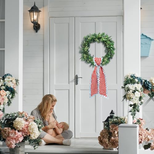 Red and White Buffalo Plaid Wreath Sash for Front Door Decor (5x54 In)