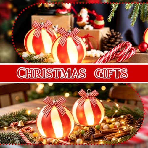 2 Pcs Christmas Candy Cane Glass Globe Ball with LED Light - Holiday Decor