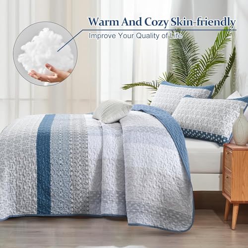 Blue Boho Striped Quilt Set King Size - 3-Piece Reversible Coverlet
