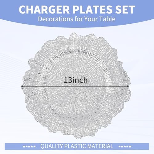Teruntrue 50 Pcs Silver Charger Plates 13 Inch Reef Design Tableware for Weddings & Events