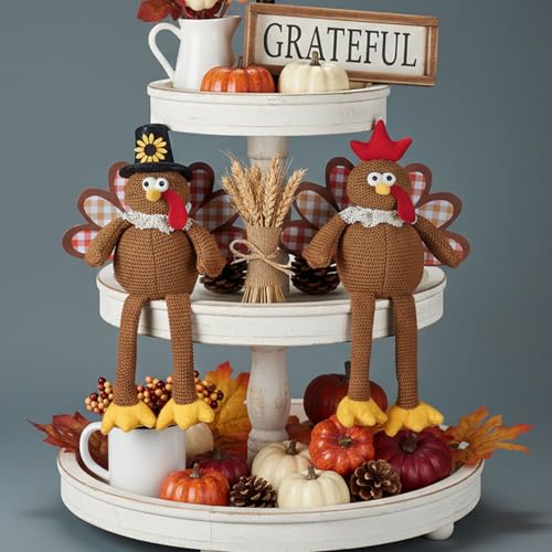 Plush Turkey Couple Decor Set with Dangling Legs - Fall Tabletop Centerpiece