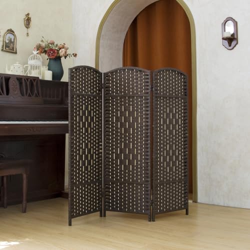 PawlaBay Dark Brown 3-Panel Short Rattan Room Divider, 47.2-Inch Privacy Screen for Home & Office