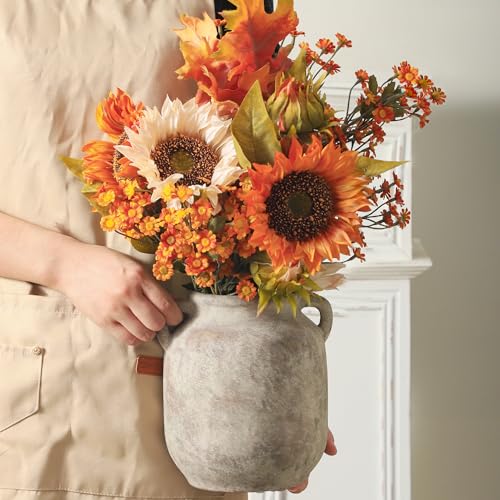 Ceramic Flower Vase - 7.6" Rustic Farmhouse Decorative Table Centerpiece