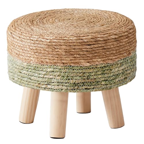 Round Hand-Woven Seagrass Ottoman with Pine Legs - Natural Footstool