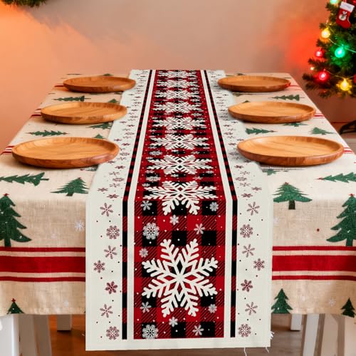 Christmas Table Runner 13x90 Inch Red & Black Buffalo Plaid Snowflake Pattern Linen