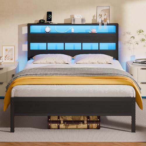 Full Size Metal Platform Bed Frame with Storage Headboard & LED Light