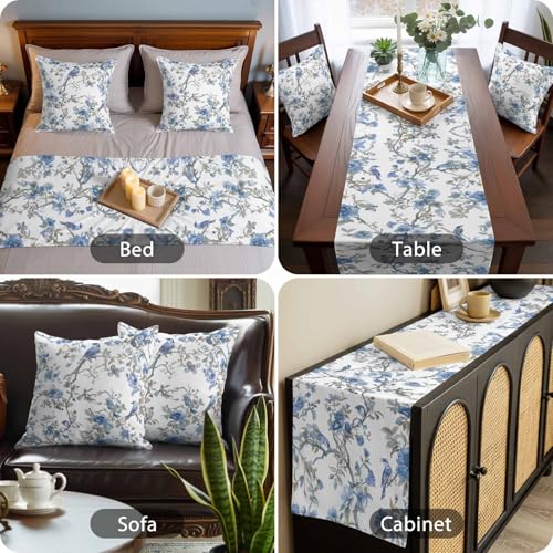 Birchloom Blue Floral Birds King Bed Runner Set with 2 Pillow Covers