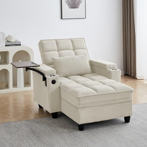 Convertible Sleeper Chair with Storage, USB Port & Swivel Tray Table