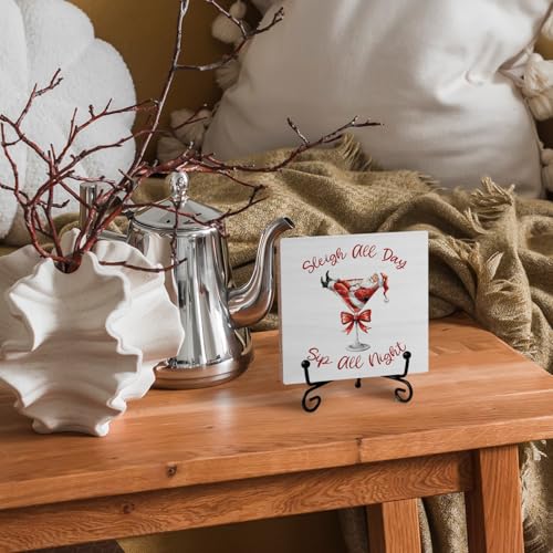 Santa Martini Christmas Wood Desk Sign with Stand - 5x5in, Red Bow, SkipTiger (Variation: Santa Martini)