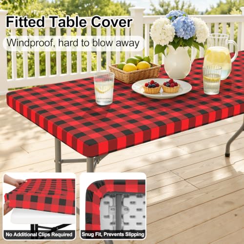 Smiry 72x36 inch Fitted Vinyl Tablecloth with Flannel Backing, Red & Black Gingham