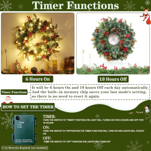 Prelit Christmas Wreath with Lights, Pine Cones & Red Berries - 20 Inch