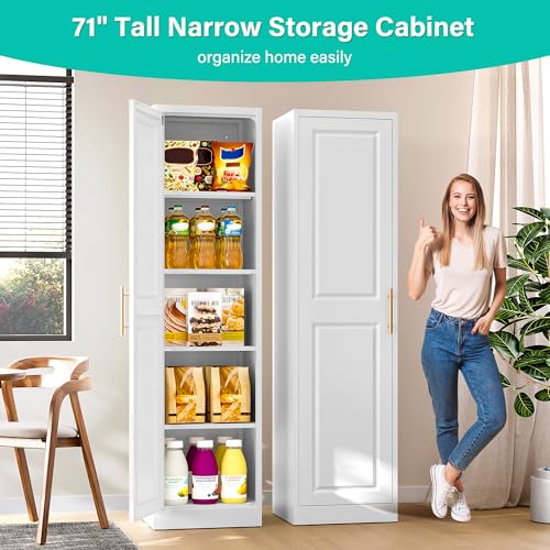 71-Inch Tall Narrow Storage Cabinet, Slim Metal Pantry with 5 Adjustable Shelves