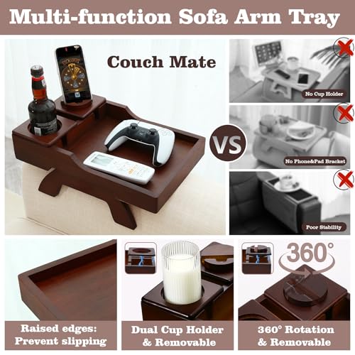 Bamboo Couch Armrest Tray Table with 360° Rotating Phone Holder
