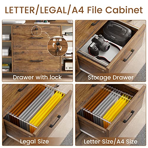 44-Inch Rolling File Cabinet with Lock, Power Strip, and Storage Shelves