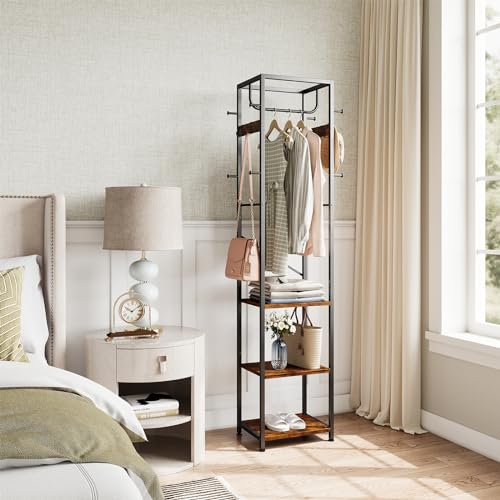 Industrial Freestanding Hall Tree with 3 Shelves and 12 Hooks, Rustic Brown