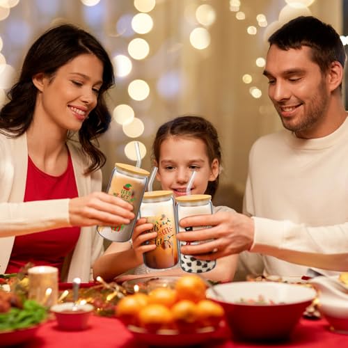 Skylety 12-Pack 16oz Christmas Glasses with Bamboo Lids, Straws & Brushes
