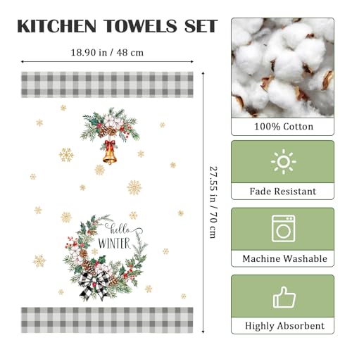 Winter Woodland Deer Tea Towels Set of 4 - 100% Cotton Kitchen Hand Towels, Arquiel