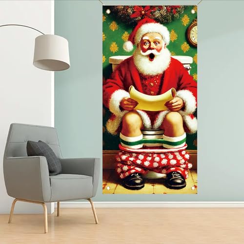 Funny Santa Bathroom Door Cover 71 x 35 in—Naughty List Scroll Christmas Banner for Xmas Party
