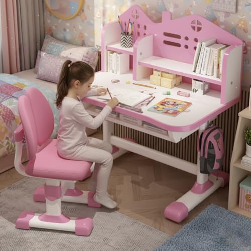 Adjustable Kids Study Desk and Chair Set with Storage Drawer and Bookstand