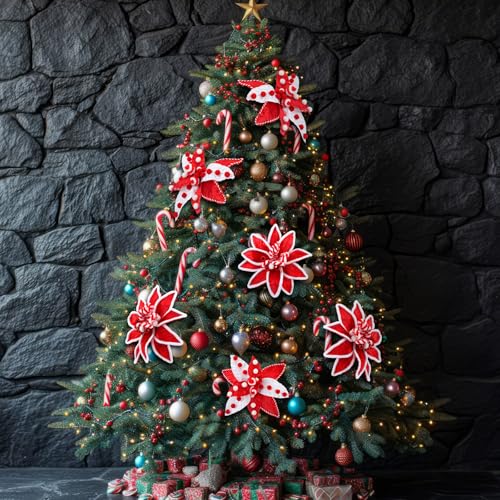 Christmas Candy Cane Poinsettia Flower Tree Picks Set - Red and White, 10.6 Inches - Variation of Candy Cane
