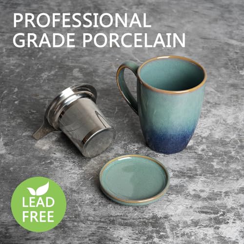 Bosmarlin Pale Green Ceramic Tea Mug with Infuser & Lid, 13.5 Oz, Dishwasher & Microwave Safe