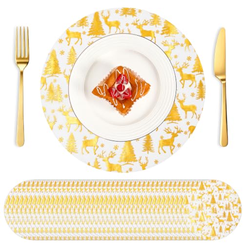 APUDWN 200 Pcs Christmas Mesh Placemat 13" Round Gold Reindeer (Variation: Christmas gold / 200)