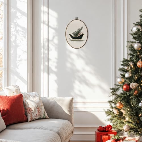 OINDADE Vintage Winter Holiday Christmas Sleigh Oval Wall Art – Tree Variation