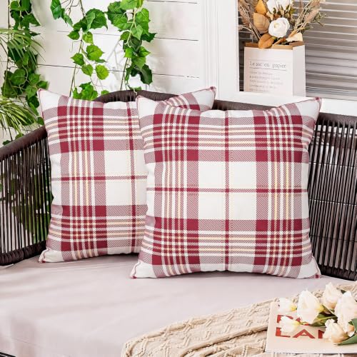 Outdoor Christmas Pillow Cover 20x20in Waterproof Plaid Red/White - Pack of 2, 100% Canvas
