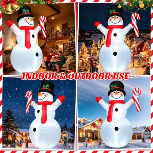 12FT Large Snowman Christmas Inflatable with Candy Cane - LED Light-Up Outdoor Decoration