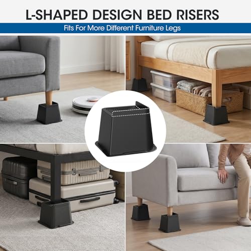 Heavy Duty 6 Inch Bed Risers - L-Shaped Furniture Lifts (4 Pack, Black)